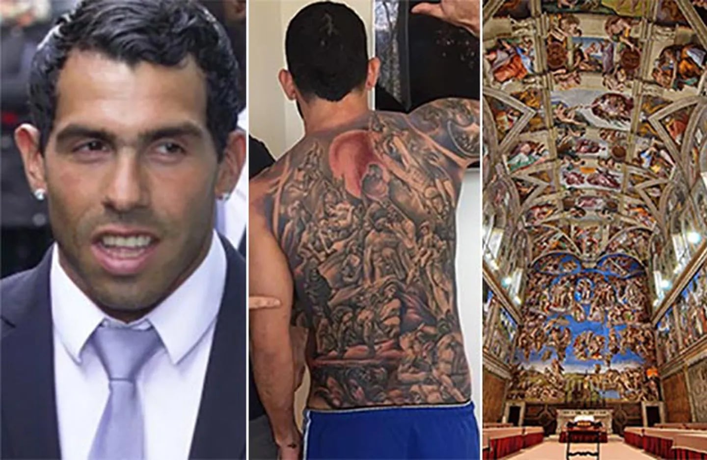 Carlos Tevez se tatuó un fresco de la Capilla Sixtina en su espalda. (Fotos: Web y Twitter)