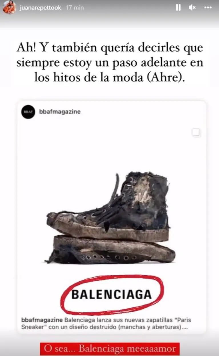 Juana Repetto bromeó con los carísimos zapatos de Balenciaga "destruidos" y las zapatillas sucias de su hijo Toro