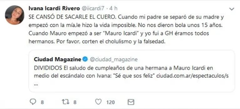 Ivana Icardi fulminó a su hermana Aldana tras festejar el cumple de Mauro: "Corten el cholulismo y falsedad"