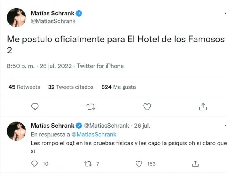 Matías Schrank, ex candidato a concejal, quiere volver a Gran Hermano y entrar en El Hotel de los Famosos 2