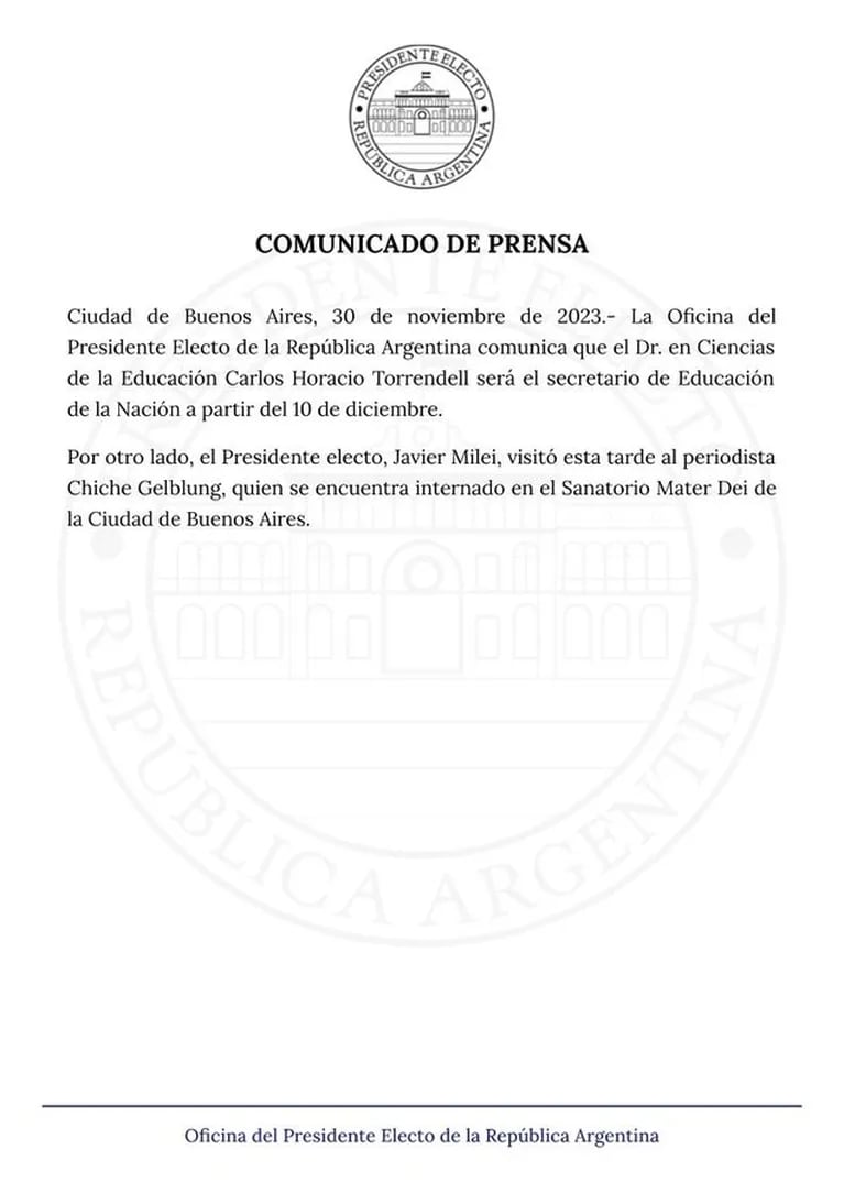 Javier Milei confirmó a Carlos Torrendell como secretario de Educación. (Foto: oficina del presidente electo)