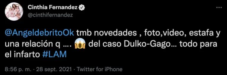 Explosivo tweet de Cinthia Fernández sobre la separación de Gisela Dulko y Fernando Gago: "Tengo foto y video" 