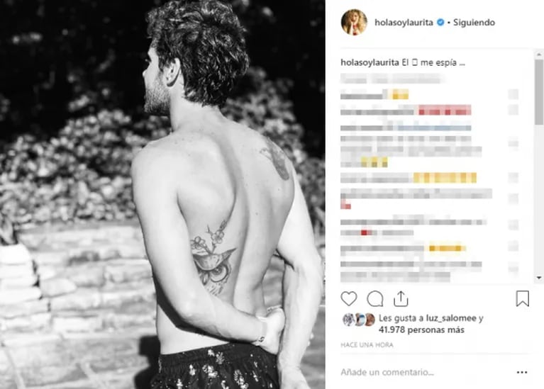 Laurita Fernández publicó una foto de Nicolás Cabré con un divertido guiño a su tatuaje: "El búho me espía"