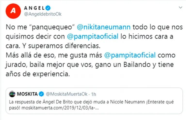 Fuerte cruce twittero de Ángel de Brito con Nicole Neumann, quien lo acusó de "panqueque": chicanas y explosiva comparación con Pampita