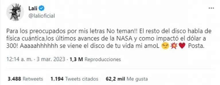 Lali Espósito respondió picante a las críticas de Maxi Trusso: "Para los preocupados por mis letras no teman"