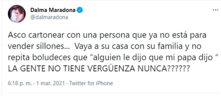 Furioso mensaje de Dalma Maradona contra la decoradora a la que Diego habría intentado conquistar: "Asco cartonear con una persona que ya no está"