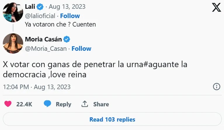 Picantísima respuesta de Moria Casán a un tweet de Lali Espósito sobre la votación