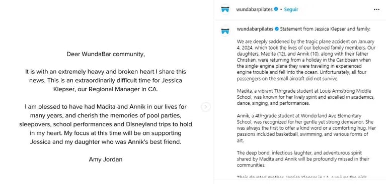 El comunicado de Jesica Klepser tras la muerte de Christian Oliver y sus dos hijas Madita y Annik (Foto: Instagram @wundabarpilates)