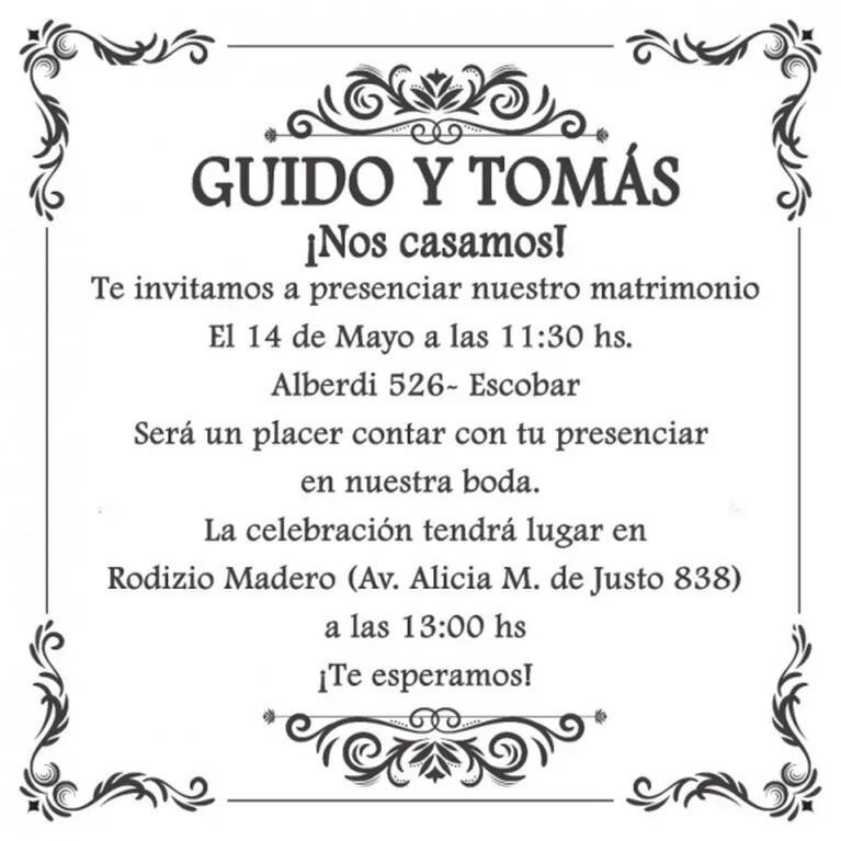 Así son las invitaciones al casamiento de Guido Süller y Tomasito: ¡mirá qué pidieron de regalo!