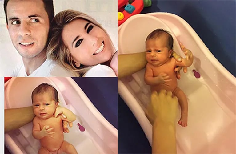 Cinthia Fernández y Matías Defederico, primer baño con su hija. (Fotos: Web, Twitter e Instagram)