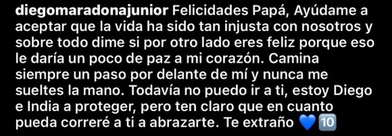 Diego Junior y Jana recordaron a Maradona en el día que cumpliría 61 años: “Ayudame a aceptar que la vida ha sido tan injusta con nosotros”