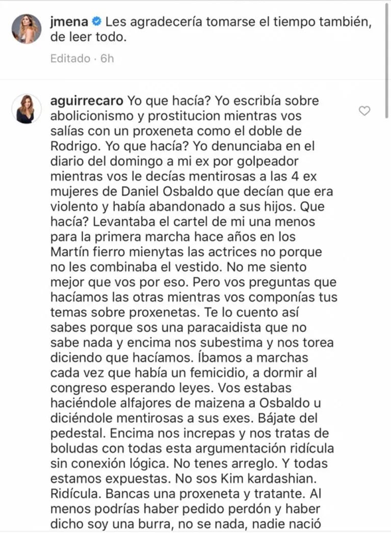 Explosivo posteo de Carolina Aguirre contra Jimena Barón: "Ridícula, saliste con un proxeneta y le decías mentirosas a las ex de Osvaldo"