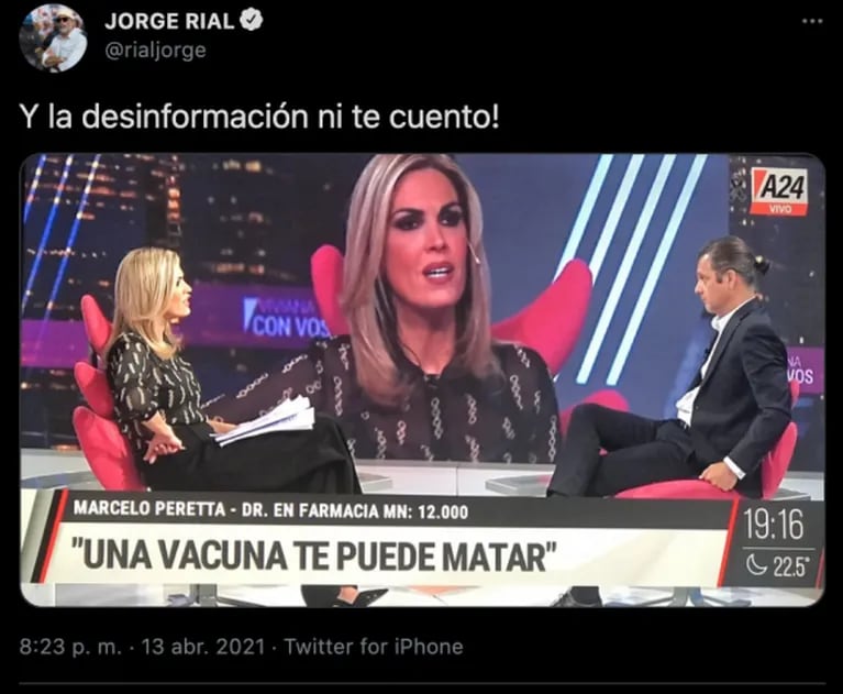 Jorge Rial cruzó a Viviana Canosa por sus polémicas opiniones sobre la vacuna contra el covid: "Y la desinformación ni te cuento"