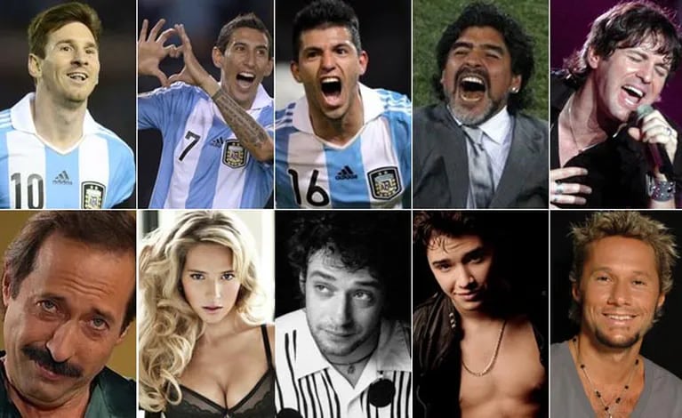 ARR: Messi, Di María, Agüero, Maradona y Axel. ABA: Francella, Lopilato, Cerati, Julián Serrano y Diego Torres. (Fotos: Web) 