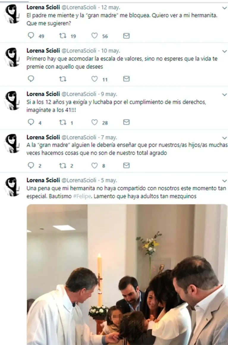 Explosivos tweets de Lorena Scioli contra su papá y Gisela Berger: "Quiero ver a mi hermanita"