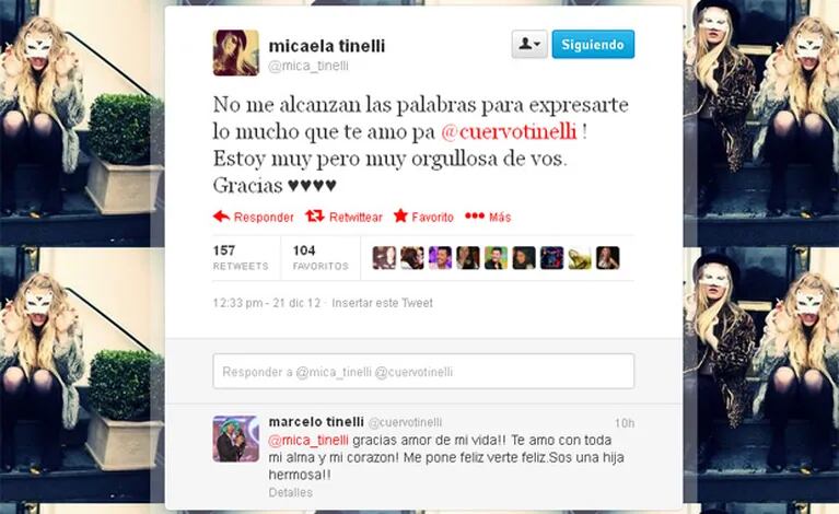 El tweet de Micaela Tinelli para su papá, y la respuesta de Marcelo. (Captura: @mica_tinelli)