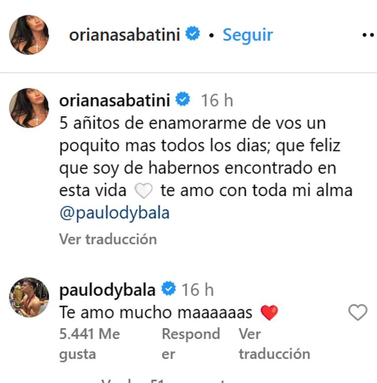 Oriana Sabatini le dedicó a Paulo Dybala un emotivo posteo por su aniversario: "5 años enamorándome de vos"