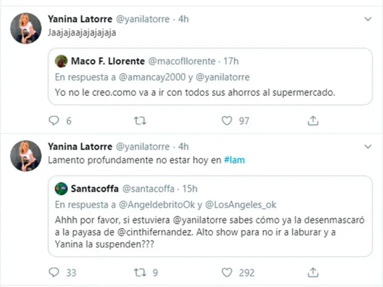 Picantísimos tweets de Yanina Latorre mientras Cinthia Fernández hacía su descargo en LAM