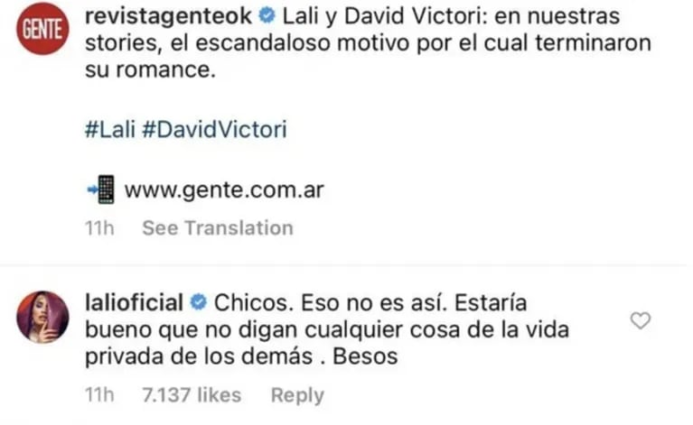 Fuerte reacción de Lali Espósito ante la escandalosa versión de separación de David Victori: "Estaría bueno que no digan cualquier cosa"