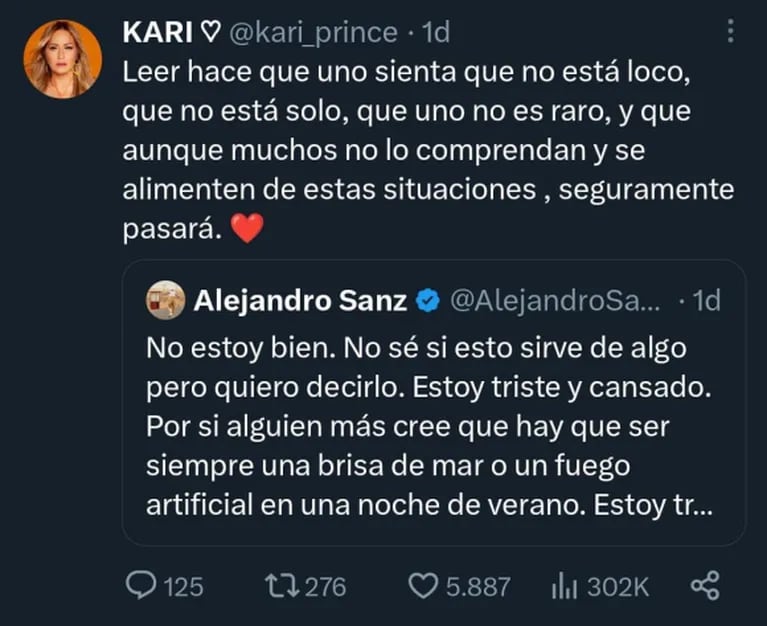Karina la Princesita reaccionó al alarmante posteo de Alejandro Sanz: "Hace que no me sienta sola"