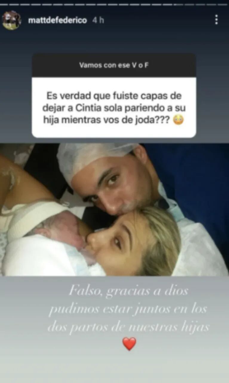Contundente foto-respuesta de Matías Defederico cuando le preguntaron si dejó sola a Cinthia Fernández en sus partos