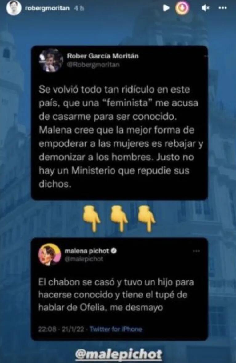 Roberto García Moritán le respondió con todo a Malena Pichot: "Una 'feminista' me acusa de casarme para ser conocido"