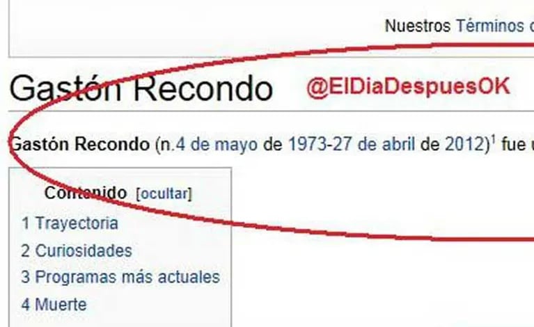 En Wikipedia por minitos se fechó la muerte de Gastón Recondo. (Foto: @eldiadespuesok)