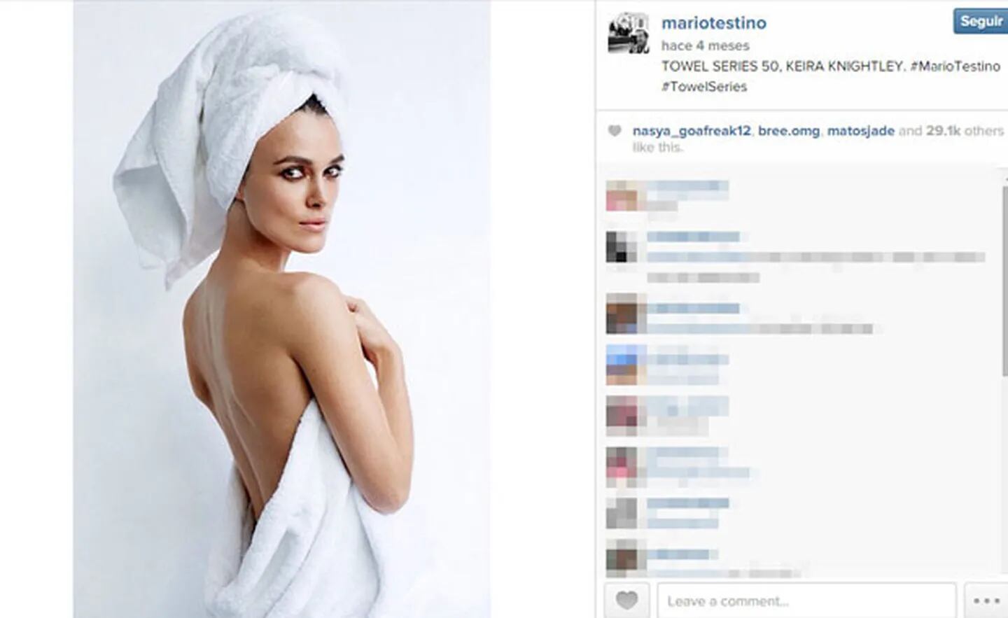 Keira Knightley, una de las estrellas que se animó a posar en toalla (Foto: Instagram). 