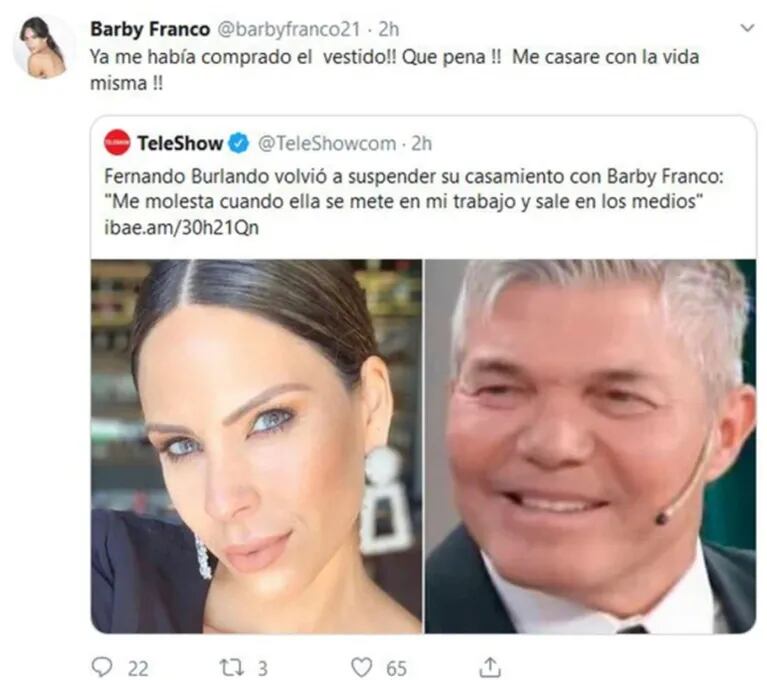 La bronca de Barby Franco por la suspensión de su boda con Fernando Burlando: "Qué pena, compré el vestido"