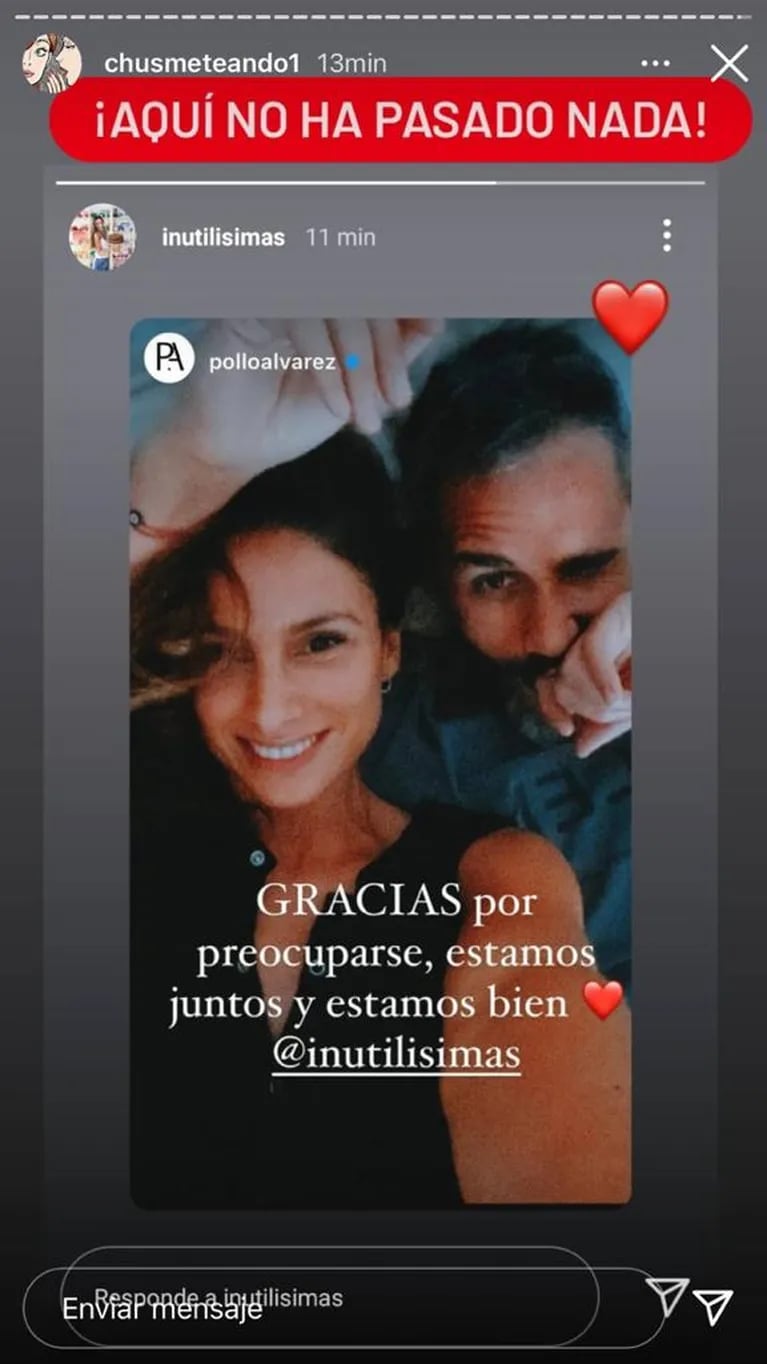 Contundente mensaje y foto del Pollo Álvarez en medio de los rumores de separación con Tefi Russo: "Estamos juntos y bien"