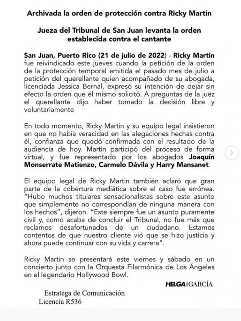 La denuncia contra Ricky Martin por violencia doméstica fue archivada por la Justicia de Puerto Rico