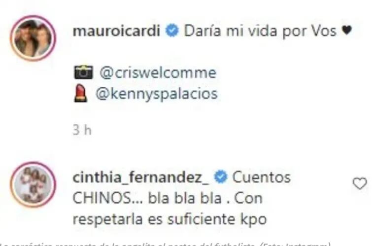 Cinthia Fernández le dejó un explosivo mensaje a Mauro Icardi en Instagram: "Cuentos chinos"