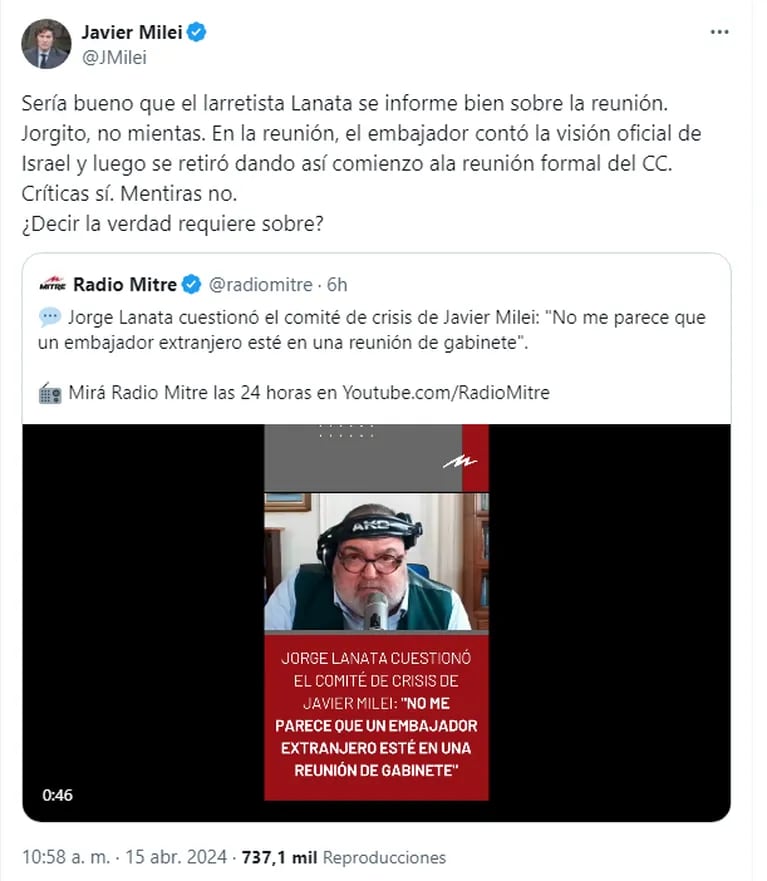 El posteo de Javier Milei contra Jorge Lanata.