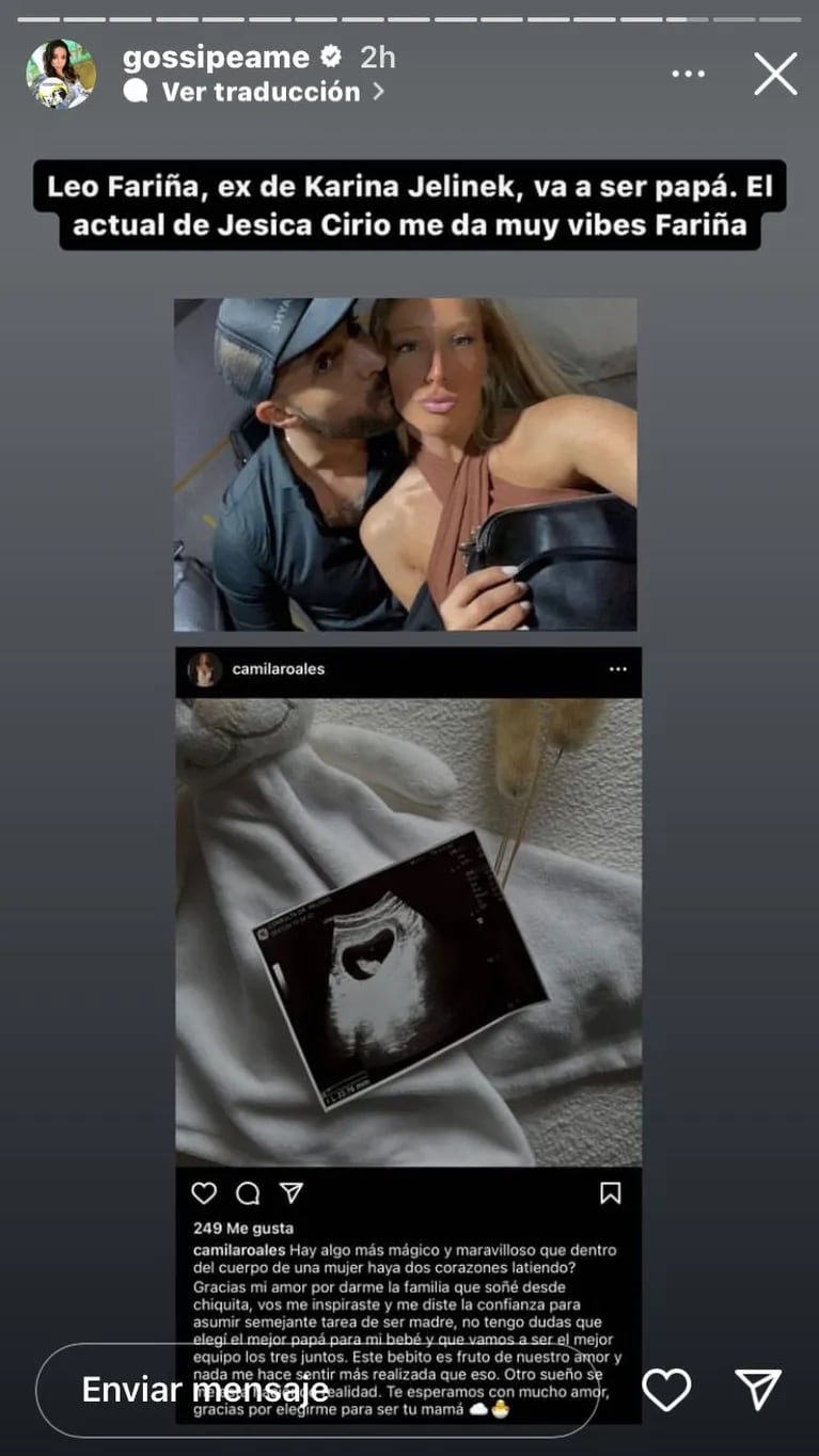 Pochi de Gossipeame compartió el posteo de la pareja de Leo Fariña en el que anunció el embarazo (Foto: captura de Instagram).