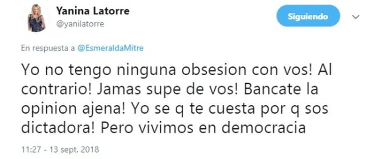 Escandaloso cruce en Twitter entre Yanina Latorre y Esmeralda Mitre