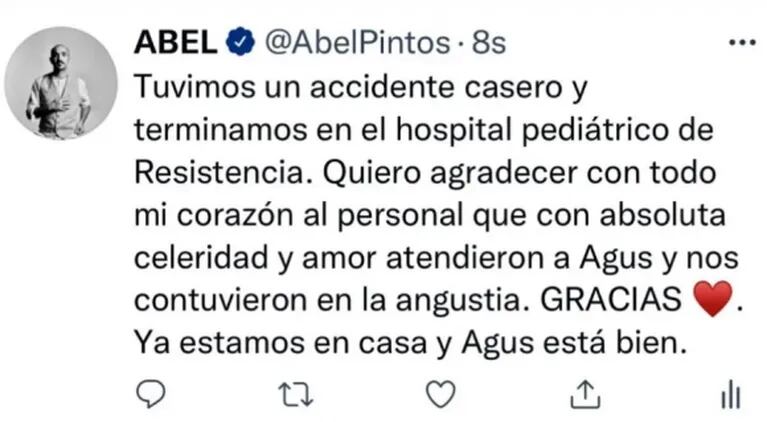 Abel Pintos contó que su hijo sufrió un accidente doméstico y tuvo que ser atendido de urgencia 