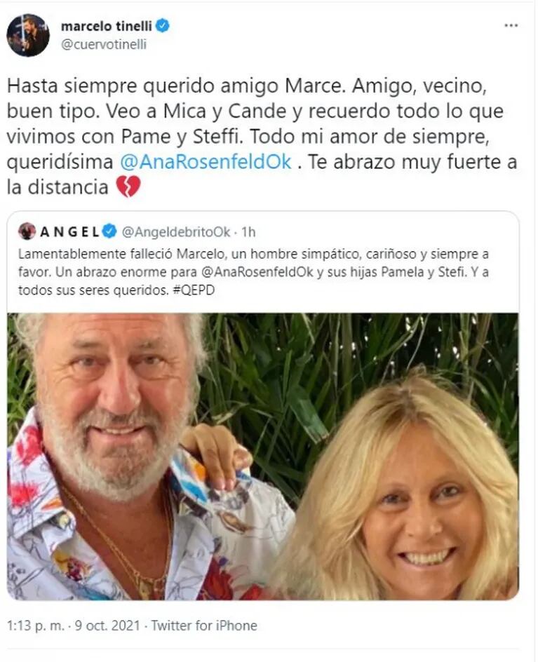 La sentida despedida de Marcelo Tinelli al marido de Ana Rosenfeld tras conocerse que murió a causa del covid: "Hasta siempre, querido amigo"
