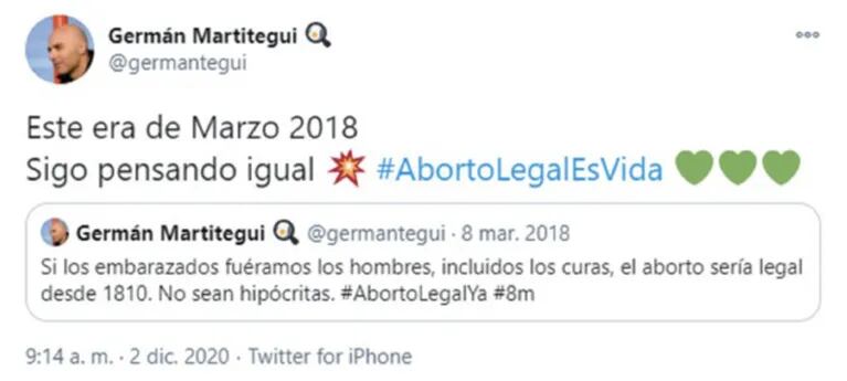 Germán Martitegui se pronunció a favor del aborto legal: "Si los embarazados fuéramos los hombres, se hubiera legalizado en 1810”