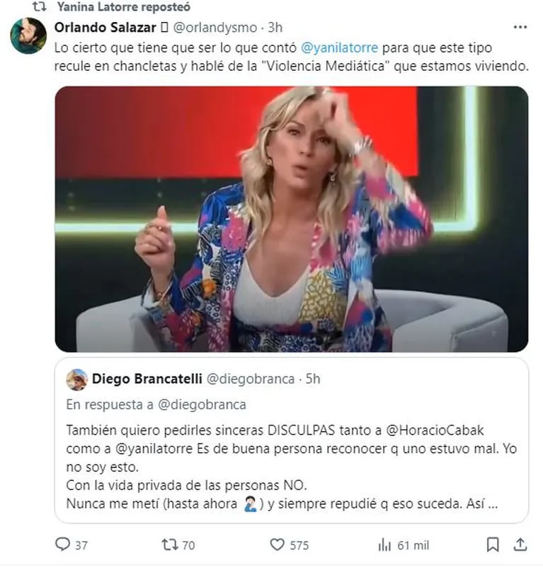 Yanina Latorre a Diego Brancatelli en Twitter.