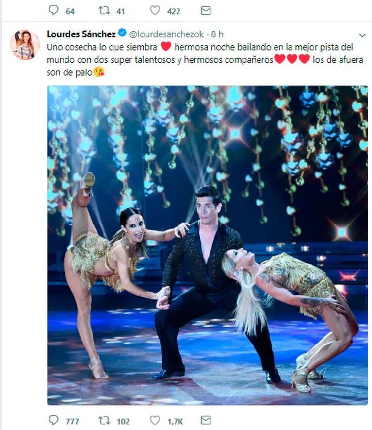 Picante tweet de Lourdes Sánchez tras el fuerte cruce con Pampita en el Bailando: "Los de afuera son de palo"
