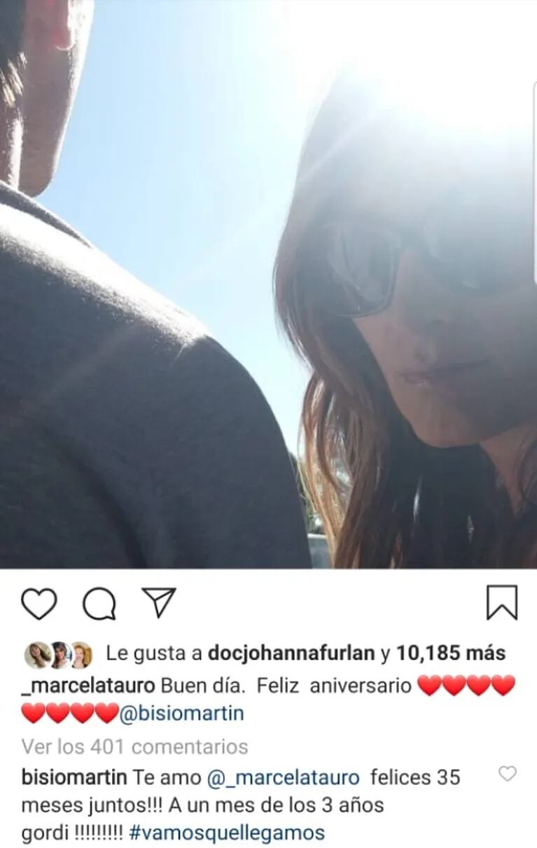 Los apasionados mensajes en Instagram de Marcela Tauro y su novio, Martín Bisio, por su nuevo aniversario
