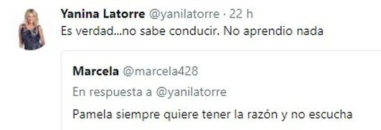 Picantísimos tweets y RT’s de Yanina Latorre, tras su pelea con Pamela David: "Ella aprendió a taparse las tetas al menos"
