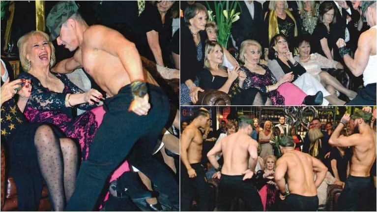Marila, la madre de Fernando Burlando, recibió como regalo por sus 80 años el sensual baile de unos strippers. Foto: Revista Gente
