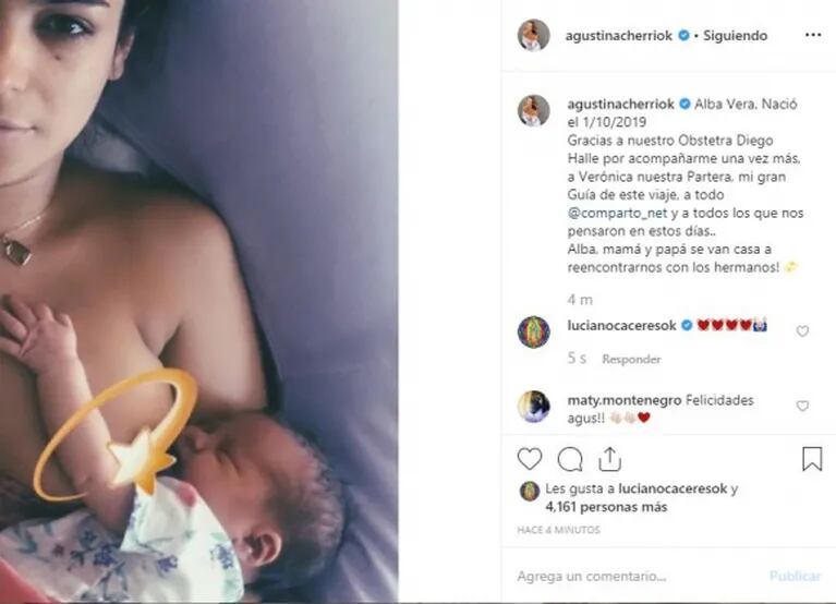 Agustina Cherri dio a luz y publicó la tierna primera foto con su beba: "¡Alba, mamá y papá se van a casa!"