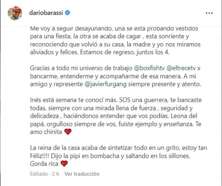 Darío Barassi anunció que le dieron el alta a su hija menor, Inés: "Pasamos el peor momento de nuestras vidas"