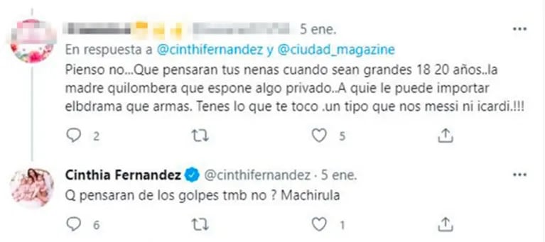 Fuerte respuesta de Cinthia Fernández a una mujer que la criticó como madre: "Machirula"