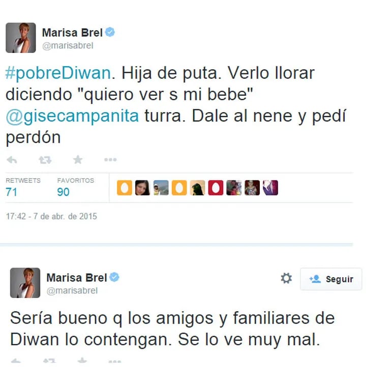 El lapidario tweet de Marisa Brel a Gisela Bernal, tras el escándalo con Diwan: "Dale al nene y pedí perdón" (Foto: Twitter)