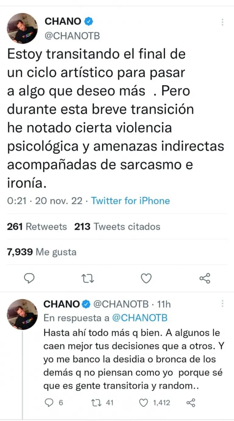 Preocupantes mensajes de Chano: "Es gente oscura; lo cuento por si me pasa algo"