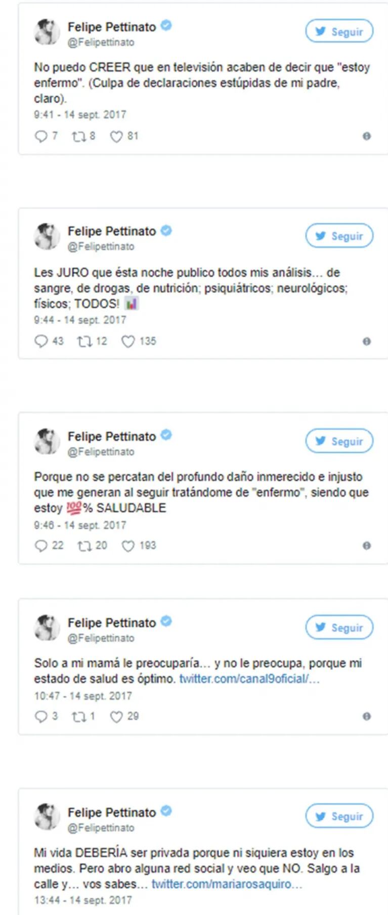 Felipe Pettinato volvió a la carga contra su papá por Twitter: "Dicen que estoy enfermo, culpa de declaraciones estúpidas de mi padre, claro" 