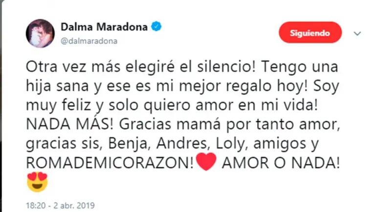La reacción de Dalma Maradona ante el picante saludo de cumpleaños de Diego: "¡Solo quiero amor en mi vida!"